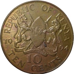 Alternative view of Brass 10 Cents of Kenya (AD 1994) with President Daniel Toroitich Arap Large Scarce