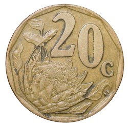 Alternative view of Aluminium-Brass 20 Cents of South Africa (AD 1997) with Protea flower within sprigs