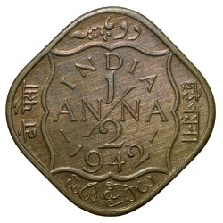 Alternative view of Nickel-Brass 1/2 Anna of George VI (AD 1942) of Bombay Mint Head Type II Beautiful Grade