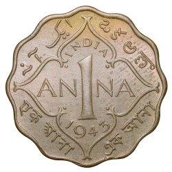 Alternative view of Nickel-Brass 1 Anna of George VI (AD 1943) of Calcutta Mint Head Type II UNC Grade