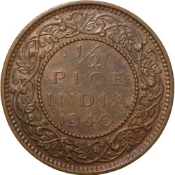 Alternative view of Bronze 1/2 Pice of George VI (AD 1940) of Calcutta Mint Extremely Fine