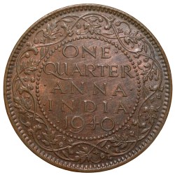 Alternative view of Bronze 1/4 Anna of George VI (AD1940) of Calcutta Mint Head Type II About UNC Grade