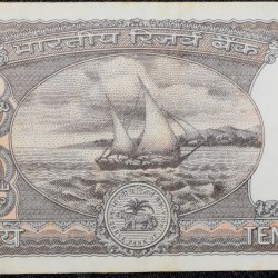 Alternative view of 10 Rupees of Republic India (AD 1985-1990) R.N.Malhotra Signature Black note with Boat
