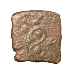 Alternative view of Copper Coin of Ancient Ujjaini (2nd Cen. BC) with Ujjaini Symbol above Bull walking left, Tree Railing/Ujjaini Symbol