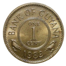 Nickel-Brass 1 Cent of Guyana Country (AD 1989) with Stylized Lotus Flowers About UNC Grade