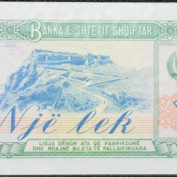 Alternative view of Old 1 Lek of Albania Country (AD 1976) with Albanian peasant woman with a sheaf of wheat