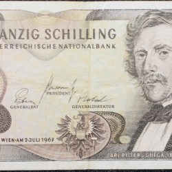 Old 20 Schillings of Austria Country (AD 1967) with Carl Ritter von Ghega at right/Semmering Railway bridge over the Semmering Pas (986 m)