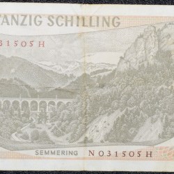Alternative view of Old 20 Schillings of Austria Country (AD 1967) with Carl Ritter von Ghega at right/Semmering Railway bridge over the Semmering Pas (986 m)
