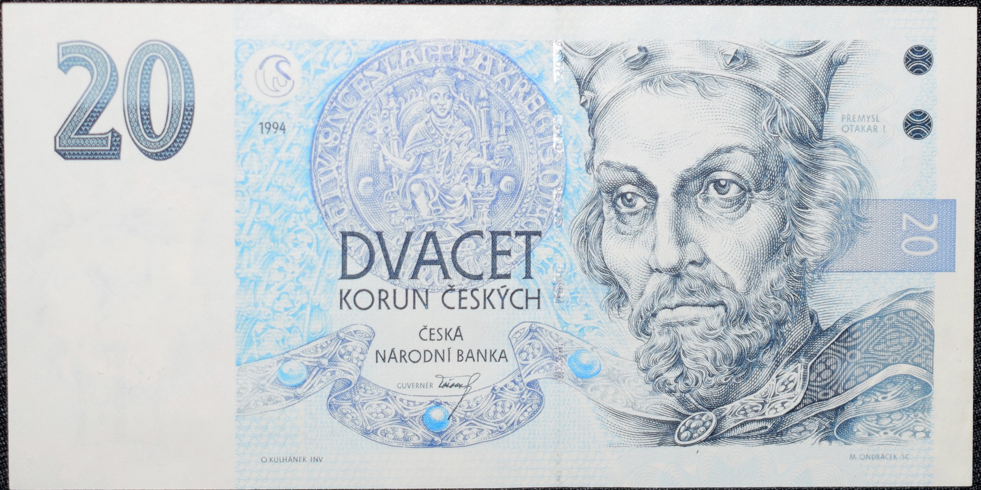 Old 20 Korun of Czech Republic (AD 1994) with Portrait of King Přemysl Otakar I