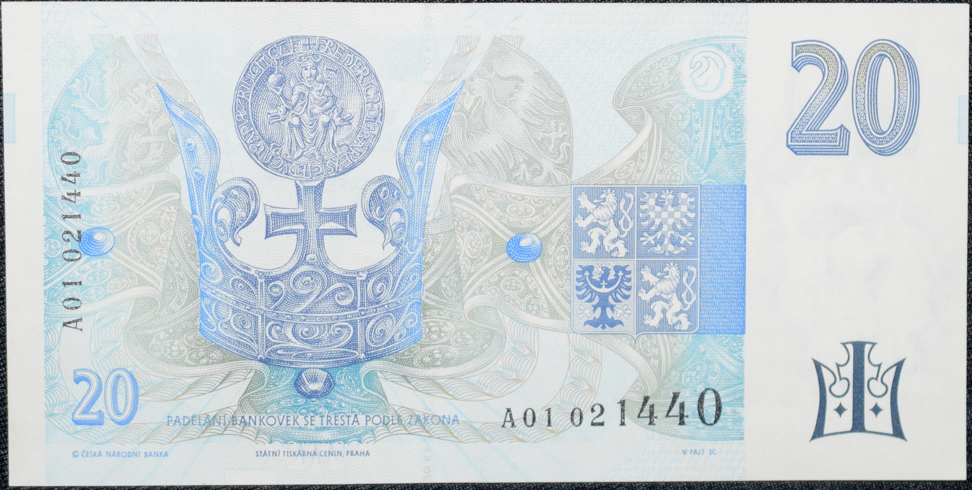 Old 20 Korun of Czech Republic (AD 1994) with Portrait of King Přemysl Otakar I - Image 2