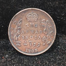 India - British 2 Annas 1905 - Edward VII Rare Silver ALMOST UNC Coin