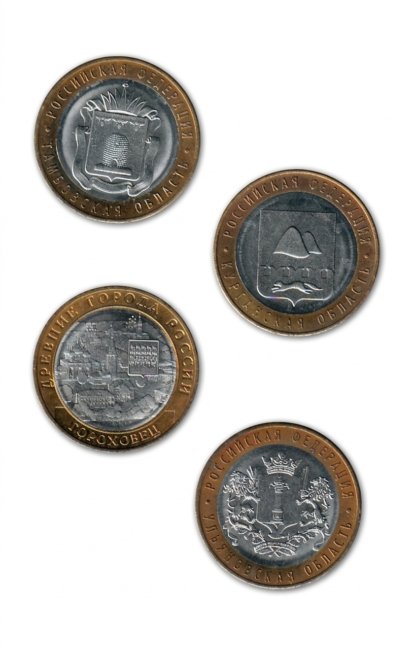 4 DIFFERENT COMMEMORATIVE RUSSIA 10 ROUBLES BIMETALLIC RARE UNC ( 4 COIN SET) #AA- 30