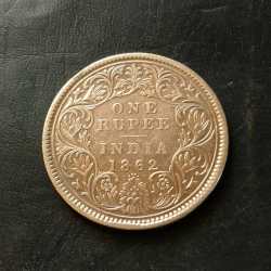 Alternative view of 1862 Victoria Very Rare Silver One Ruppes 4 Dots
