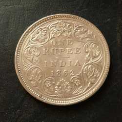 Alternative view of 1862 Victoria Very Rare Silver One Ruppes 2 Dots