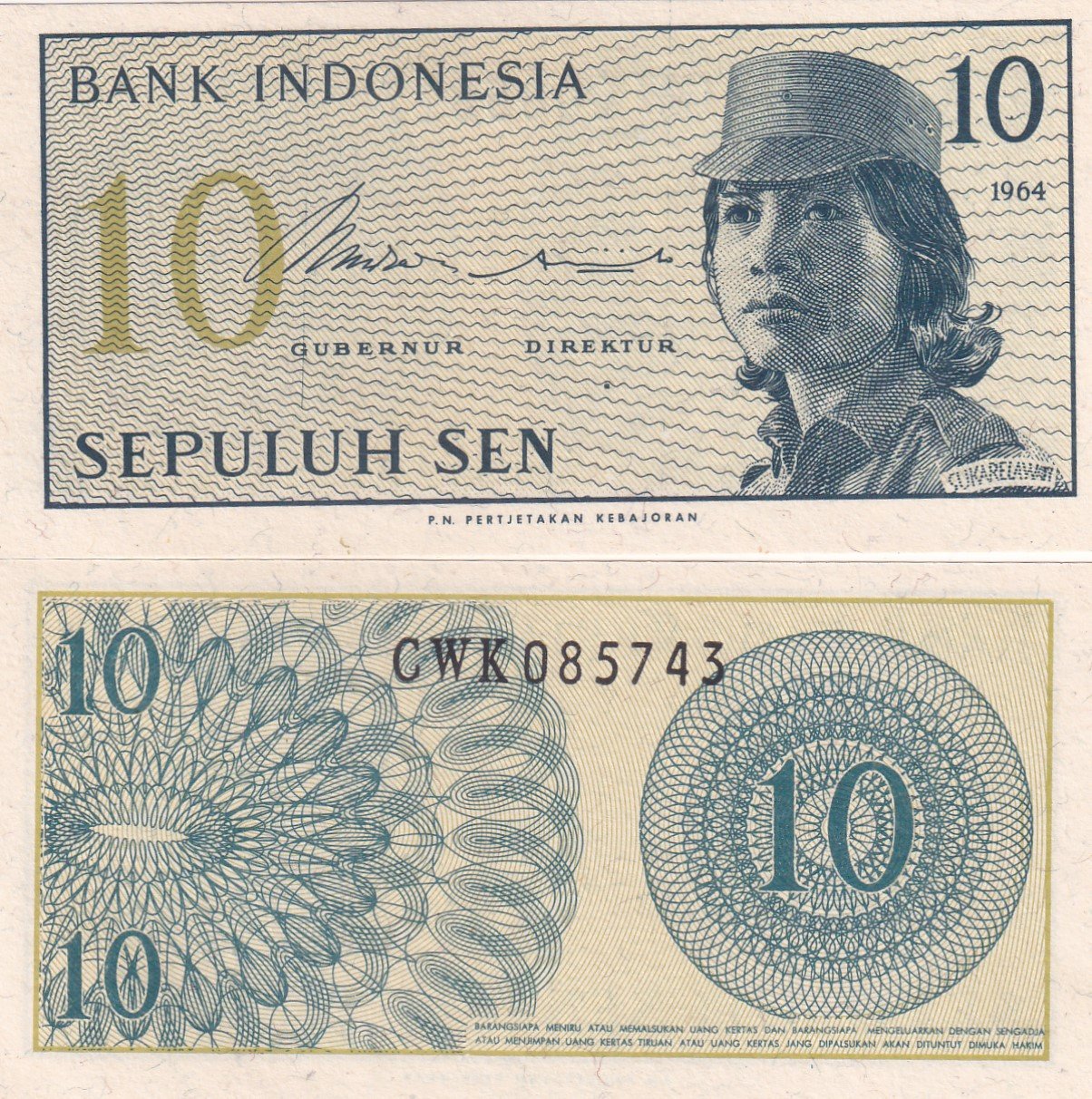 Indonesia 10 Sen Rare GEM UNC Note