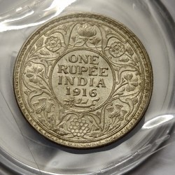 Alternative view of British india George V One Rupee 1916 Silver Coin UNC RARE