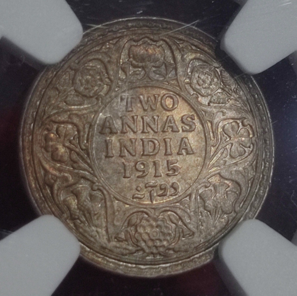 TWO ANNA GEORGE V 1915 BOMBAY NGC GRADED MS 63