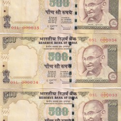 LOWER NUMBER (3 NOTE SET) 500 RUPEES GOVERNOR D.SUBBARAO RARE NOTE SET