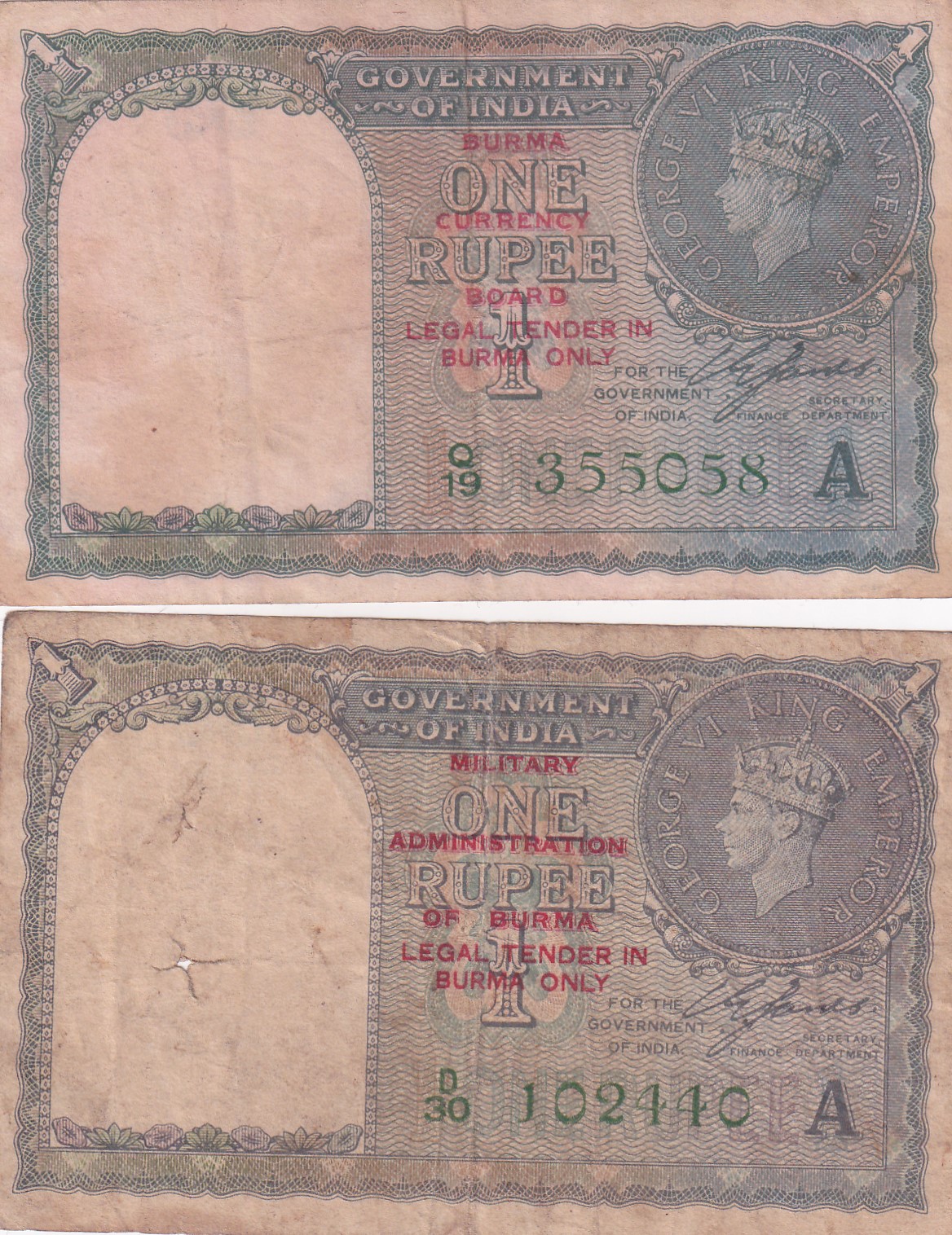 BRITISH - INDIA TWO DIFFERENT BURMA AND MILITARY ADMINISTRATION OVER PRINT NOTE RARE SET ( 2 NOTE SET)