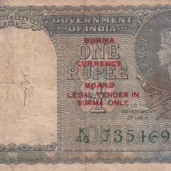 British India One Rupees 1940 (Burma) Extremely Rare Note