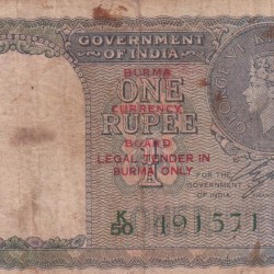 British India One Rupees 1940 (Burma) Extremely Rare Note