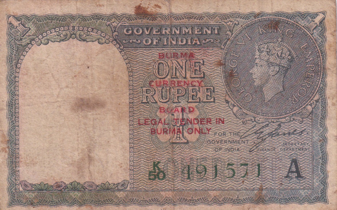 British India One Rupees 1940 (Burma) Extremely Rare Note