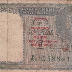 British India One Rupees 1940 (Burma) Extremely Rare Note