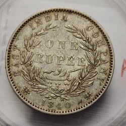 Alternative view of British India Victoria One Rupee Divided Legend 1840 WWR Silver Coin High Grade Rare