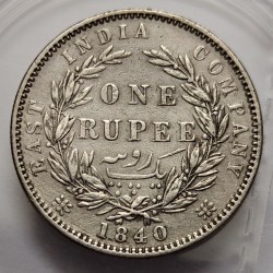 Alternative view of British India Victoria One Rupee 1840 WWB. Dot Divided Legend Madras Mint Silver Coin HIGH RARE