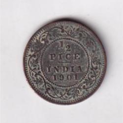 British India 1/2 Pice 1901 Victoria Rare Coin #AA-42