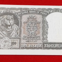 Alternative view of OLIVE GREEN TWO RUPEES NOTE SIGNATURE BY P. C BHATTACHARYA YEAR 1965 UNC CONDITION