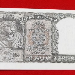 Alternative view of OLIVE GREEN TWO RUPEES NOTE SIGNATURE BY P. C BHATTACHARYA YEAR 1965 UNC CONDITION