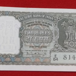OLIVE GREEN TWO RUPEES NOTE SIGNATURE BY P. C BHATTACHARYA YEAR 1965 UNC CONDITION