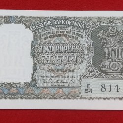 OLIVE GREEN TWO RUPEES NOTE SIGNATURE BY P. C BHATTACHARYA YEAR 1965 UNC CONDITION
