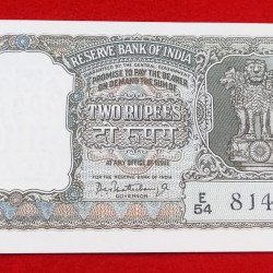 OLIVE GREEN TWO RUPEES NOTE SIGNATURE BY P. C BHATTACHARYA YEAR 1965 UNC CONDITION