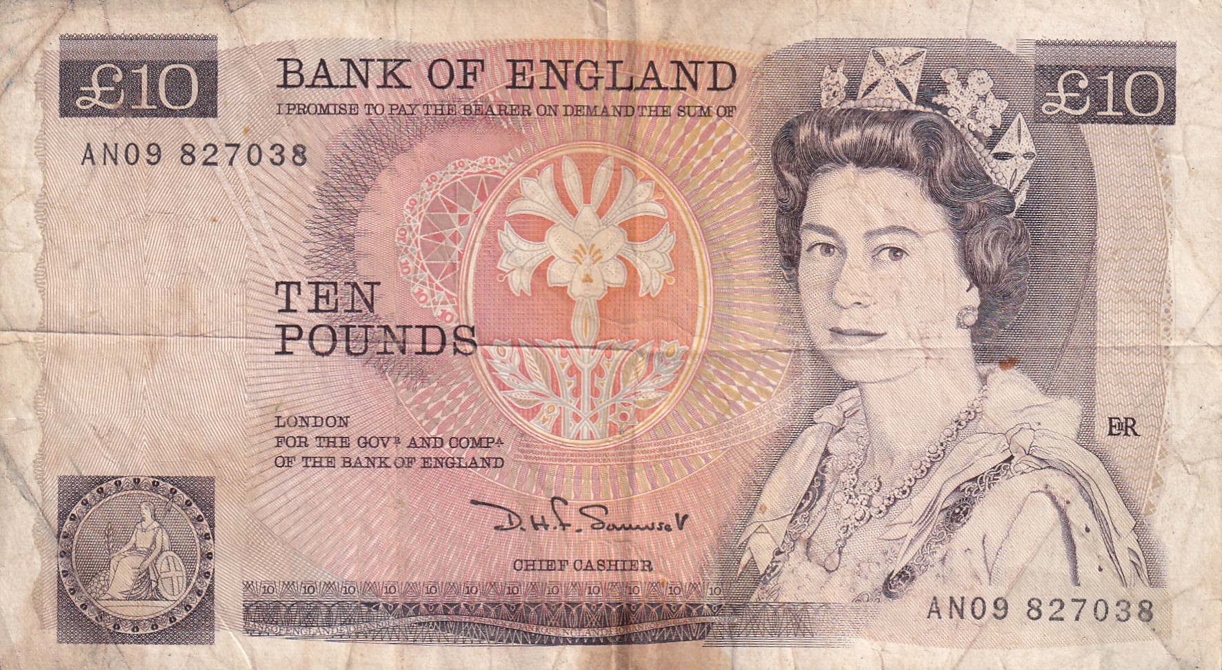 England 10 Pounds Elizabeth II Old Issue Rare Note #B2