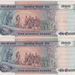 Alternative view of 2 NOTE LOWER NUMBER 500 RUPEES OLD ISSUE GOVERNOR C.RANGARAJAN RARE UNC ( 2 NOTE SET)
