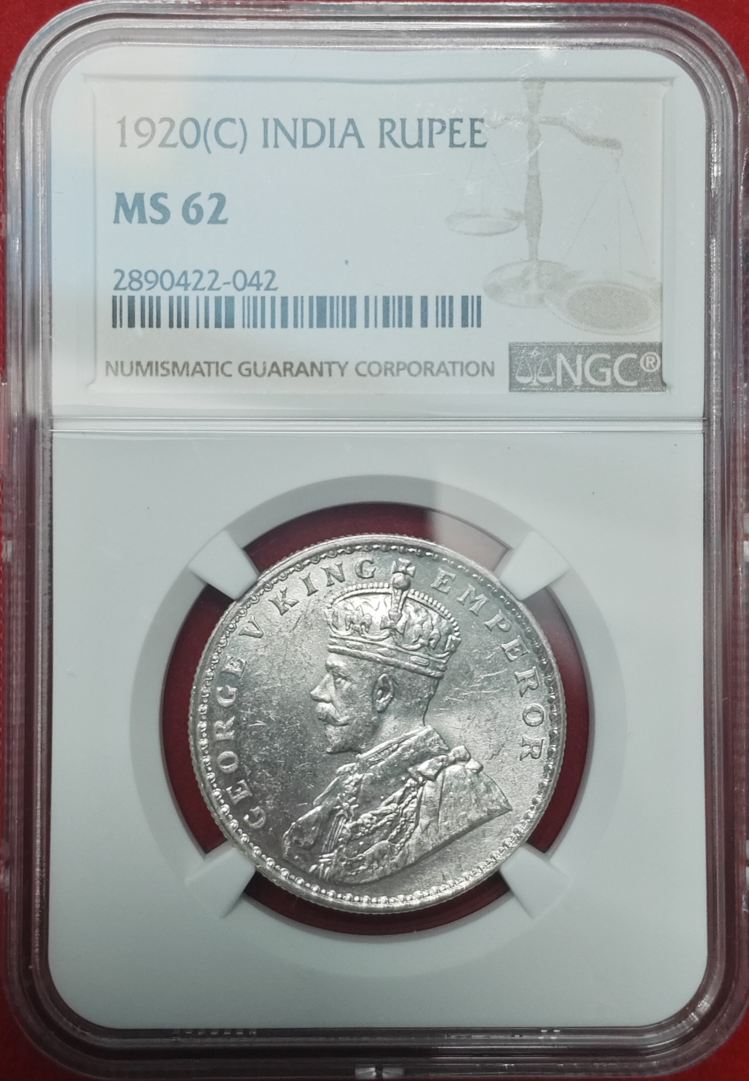 ONE RUPEE 1920 CALCUTTA MINT MS 62 NGC GRADED COIN