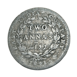 British India Silver 2 ANNA'S Year 1841 "EIC" Queen CONTINUOUS LEGEND **V. RARE** Used Condition.