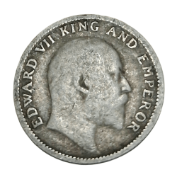 Alternative view of British India Silver 1/4 Rupee Year 1908 King EDWARD-VII in Collectable Grade.
