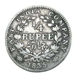 British India Silver 1/4 Rupee "EAST INDIA COMPANY" Year 1835 King WILLIAM-IIII with "F" INCUSE **RARE** Collectable Grade.