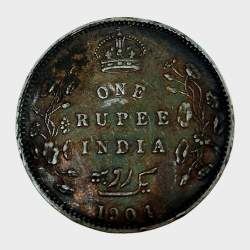 Alternative view of British India Silver Rupee Year 1904 King EDWARD-VII in High Collectable Grade with Natural Rainbow Tonnig.