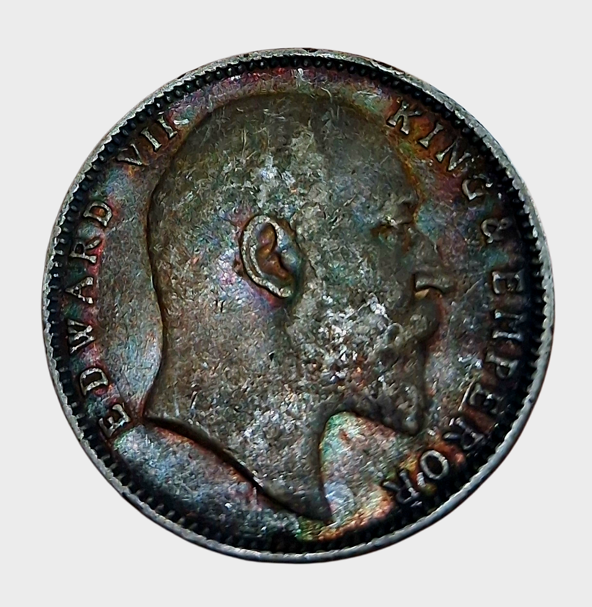 British India Silver Rupee Year 1904 King EDWARD-VII in High Collectable Grade with Natural Rainbow Tonnig.