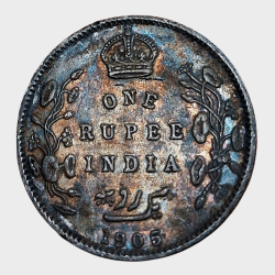 Alternative view of British India Silver Rupee Year 1905 King EDWARD-VII in High Collectable Grade with Natural Rainbow Tonnig.