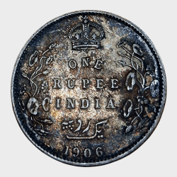 Alternative view of British India Silver Rupee Year 1906 King EDWARD-VII in High Collectable Grade with Natural Rainbow Tonnig.