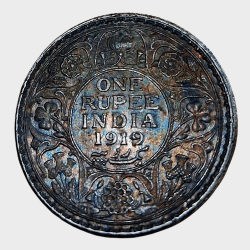 Alternative view of British India Silver Rupee Year 1919 King GEORGE-V in High Collectable Grade with Natural Rainbow Tonnig.