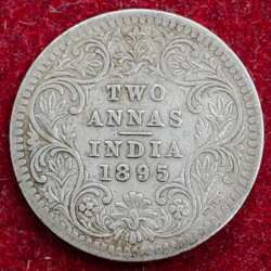 HIGH GRADE SILVER India - British 2 Annas 1895 - Victoria Rare Coin #Z-164
