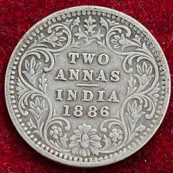 HIGH GRADE SILVER India - British 2 Annas 1886 - Victoria Rare Coin #Z-166