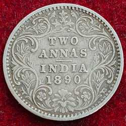 HIGH GRADE SILVER India - British 2 Annas 1890 - Victoria Rare Coin #Z-167