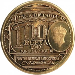 100 Rupya 1940 Geeorge 6th, Eagle - C.D Deshmukh, Bank of India Fantasy Coin #AA- 23